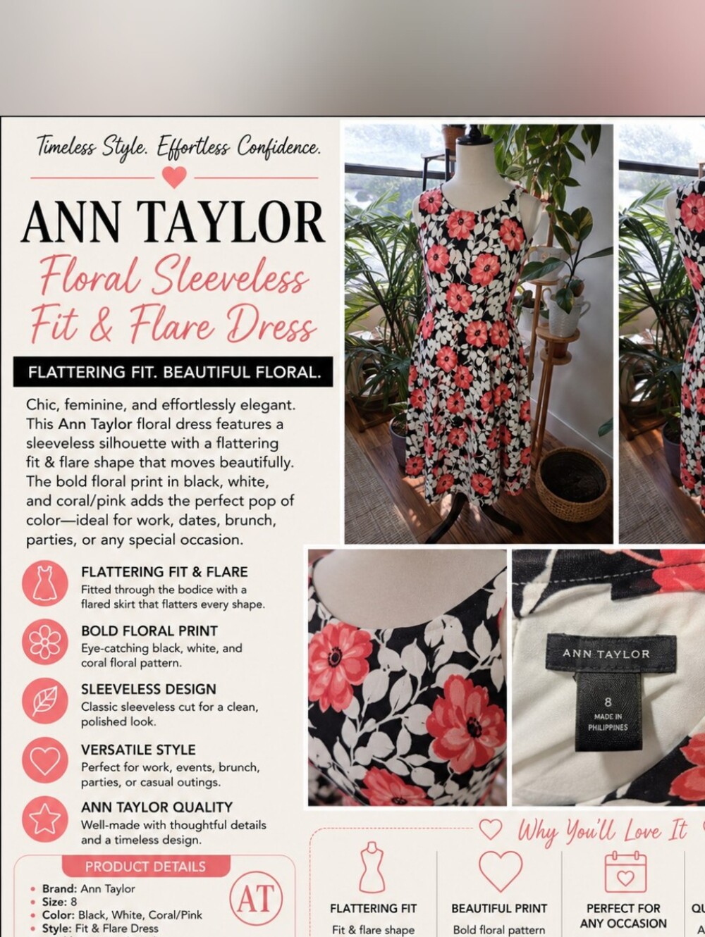 Ann Taylor Floral Sleeveless Fit & Flare Dress Size 8.